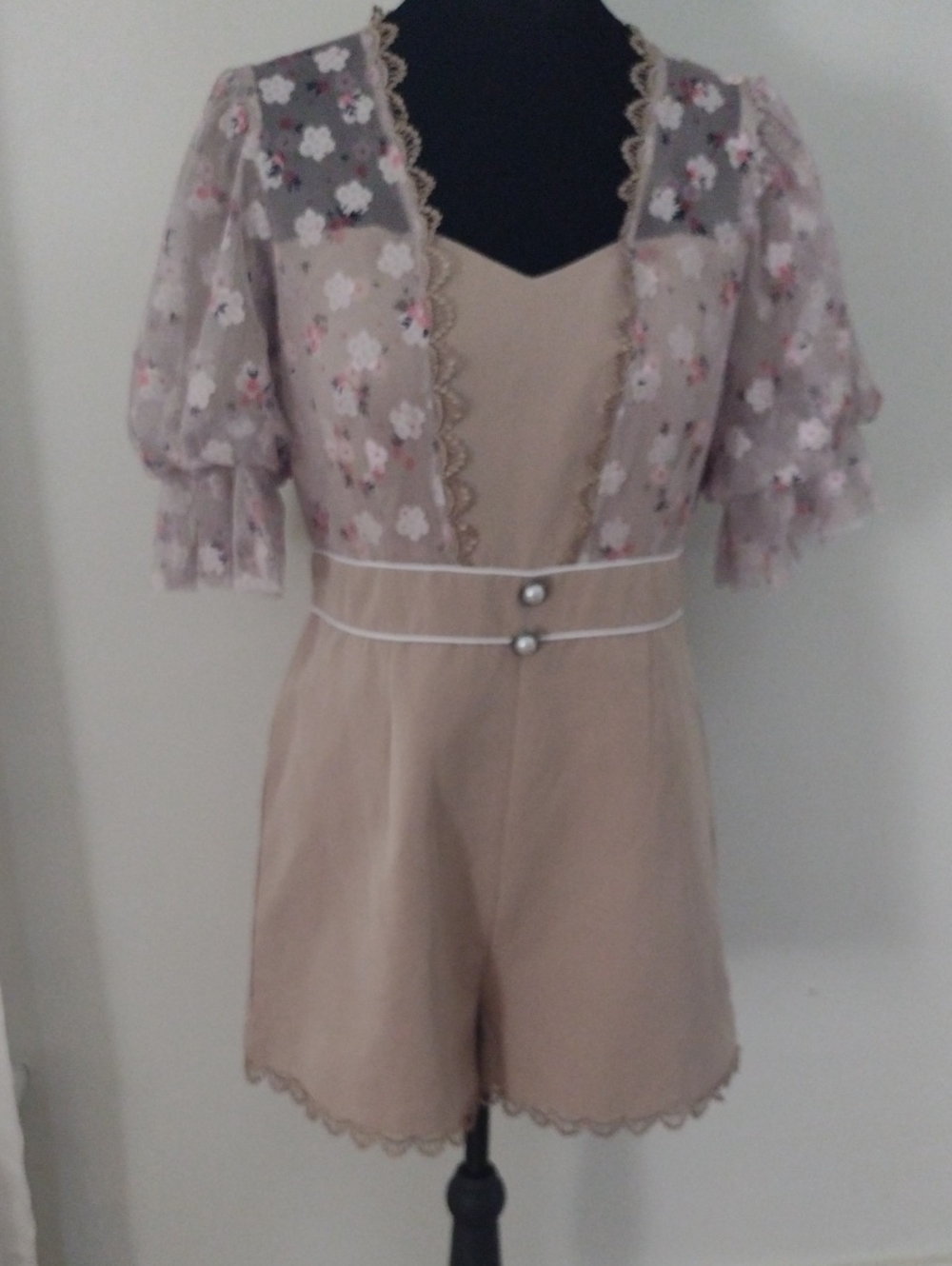 Vintage Valleygirl Beige Floral Lace Romper